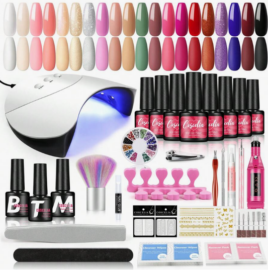 1x 36W Nail Lamp + 1x Nail Grinding Machine  20pcs 7ml Nail Polish Gel + 3pcs Base Coat, Matte & Top Coat  3pcs Nail Decoration +14pcs Nail Repair Tool And Accessory
