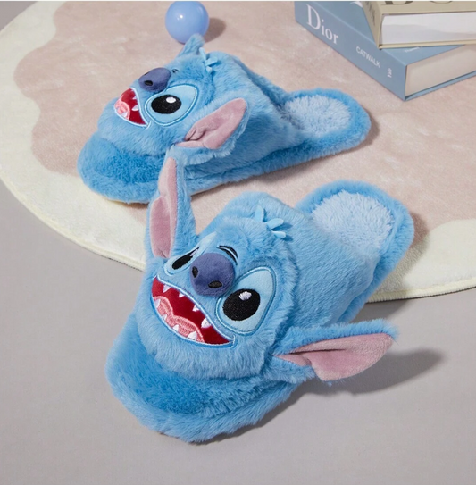 Miniso Disney Stitch Long Plush Cotton Slippers, Winter Fuzzy House And Outdoor Slippers, Cute Cartoon Style Warm Anti-Slip Woman Cotton Slippers For Adult(Size 39-40)