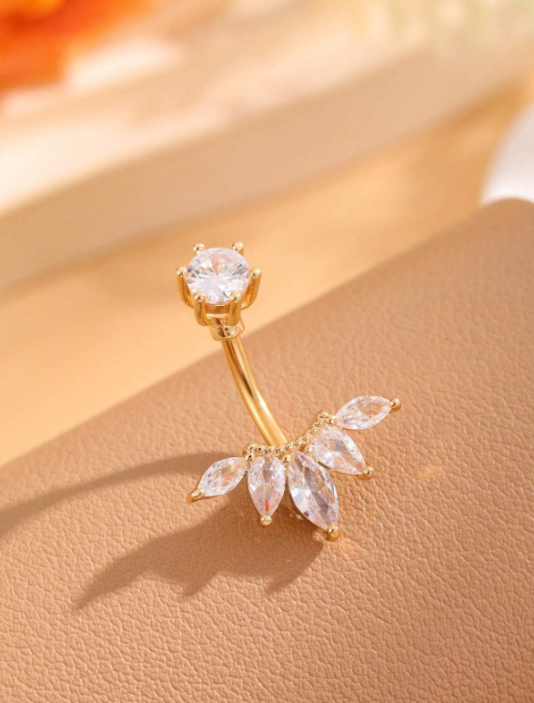 1 Piece Classic Stainless Steel Belly Button Ring with Fan-Shaped Zircon Piercing