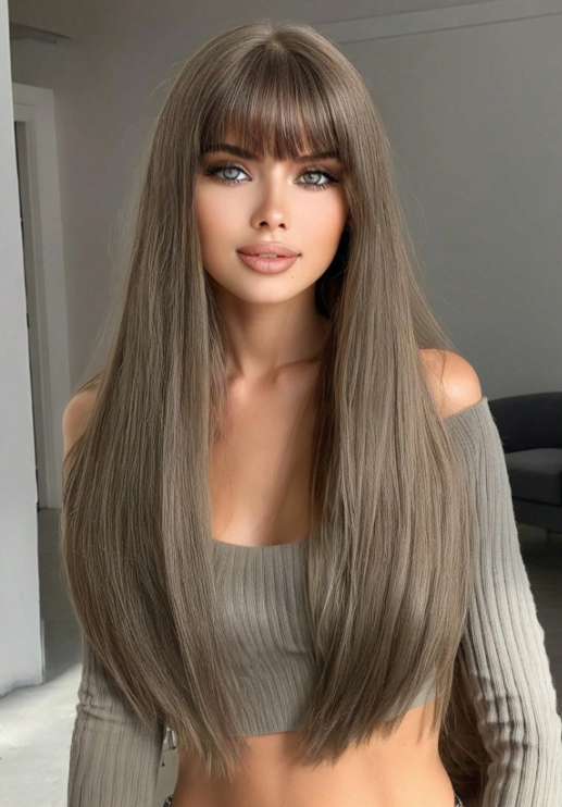 22-inch woven chemical fiber wig, long straight mixed brown hair with bangs, fashionable women's wig, suitable for parties with friends, family parties, cosplay, vacations and daily use