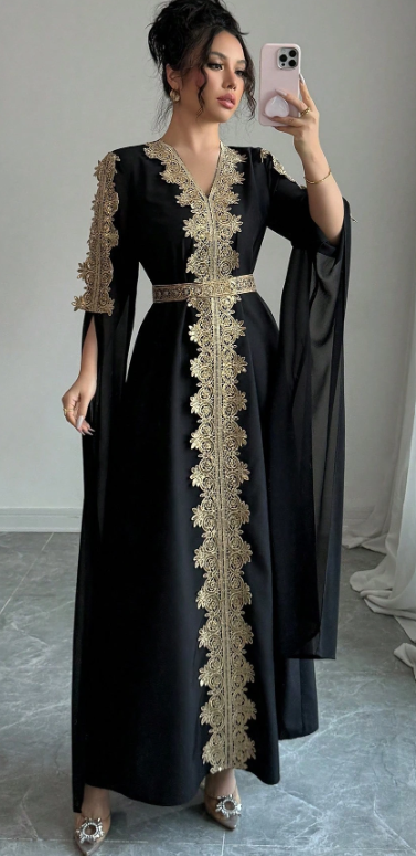 Rafferiza Patchwork Abaya with Extra Long Sleeves, Women's Long Solid Color Robe with Lace Trim