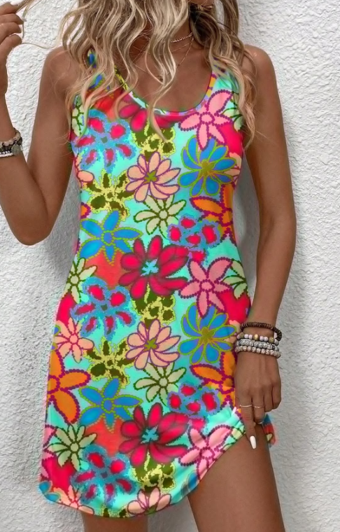 SHEIN LUNE Women's Colorful Floral Print Sleeveless Round Neck Casual Shift Dress Summer