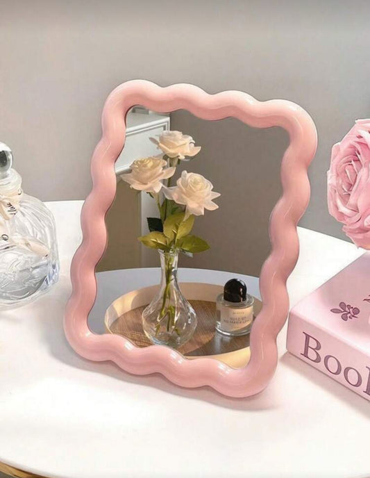 1pc Cute Makeup Mirror, Cream Wavy Design, Desktop/Wall Mounted, Student Dormitory, Vanity Mirror, Office Small Mirror,Makeup,Cheap,Room Decor,Vanity,Travel,Bedroom,Makeup Accessories,Mirror,Vanity Mirror,Mini Mirror,Compact Mirror,Mirror Small,Hand Mirro