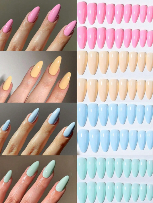 96 Pieces (4 Assorted Colors) Long Almond Glossy Acrylic False Nails, Perfect Fit Long Nail Design. Including: 1 Piece Jelly Glue and 1 Piece Nail File. Summer nails for women and girls for daily wear and rave parties. Nail supplies.