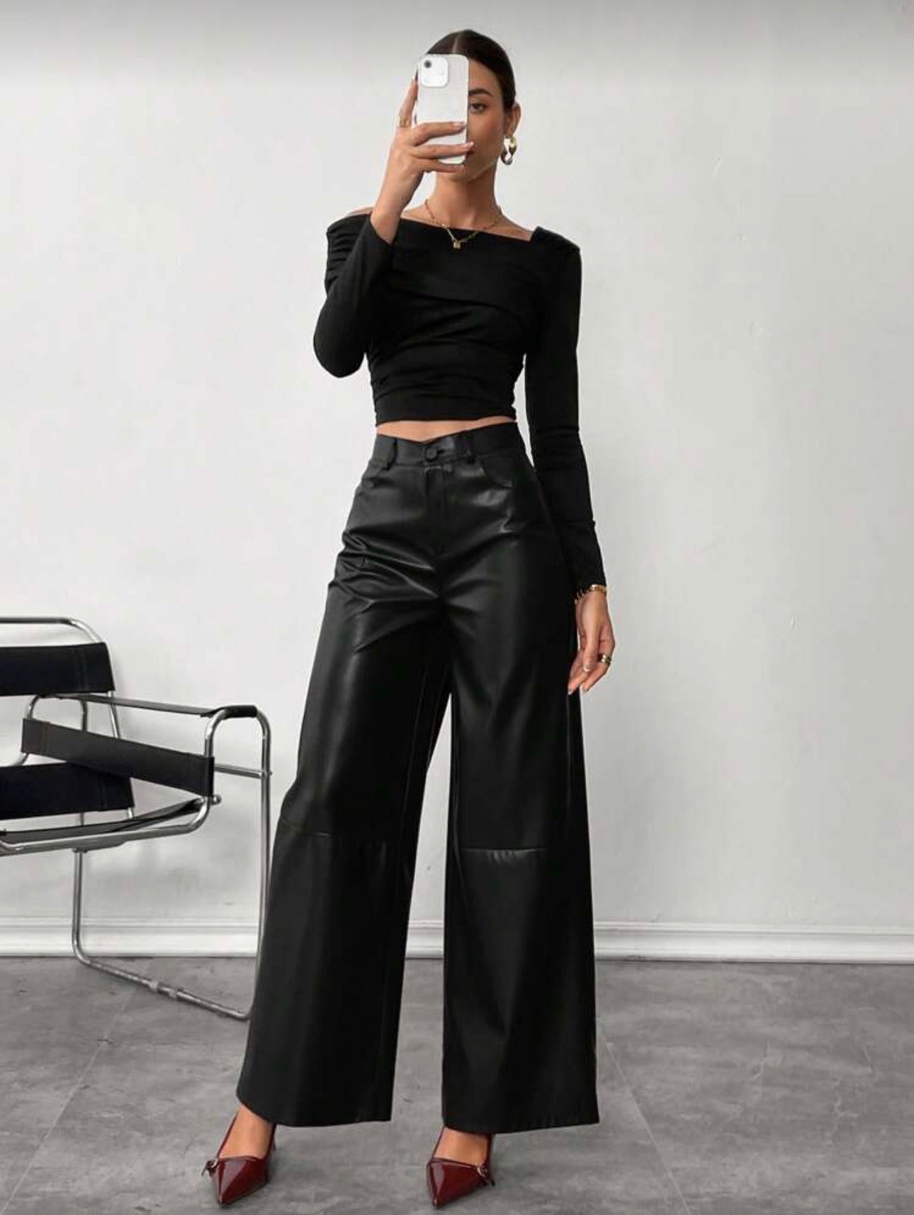 Siren Gaze Women's Leather Women Pants Plain Front-Button Minimalist Casual Pants, Daily Wear,Women Bottoms Winter Elegant Black Spring