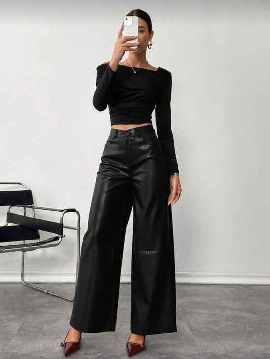 Siren Gaze Women's Leather Women Pants Plain Front-Button Minimalist Casual Pants, Daily Wear,Women Bottoms Winter Elegant Black Spring
