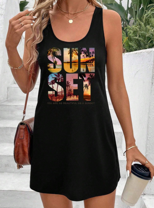 SHEIN VCAY Sunset Palm Tree Print Sleeveless Casual Mini Dress Women