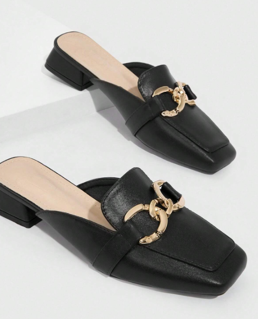 CUCCOO BIZCHIC Women's Square Toe Flats with Metallic Decor, Elegant Black Mule Shoes for Summer Vacation, Summer Sale, Back to School, College Shoes, Basic Elegant, Business Casual, Christmas, Fall, New Year, Holiday