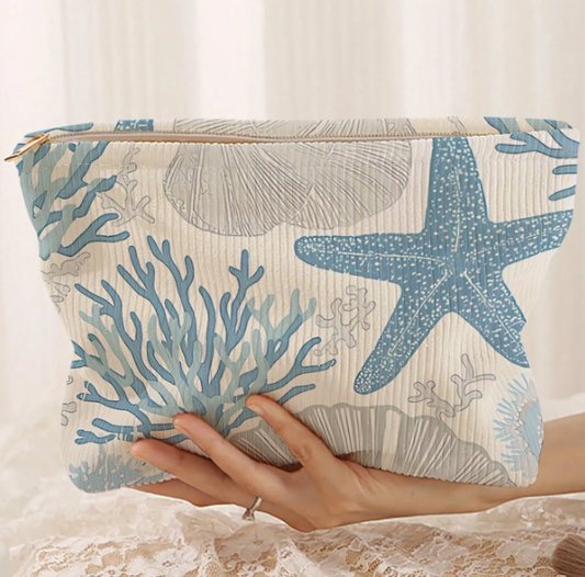 1 Piece Double-sided Zipper Makeup Bag Printed with Seashells and Starfish, Multifunctional Travel Toiletry Storage Bag, Fall Decor, Autumn Decor, Room Decor