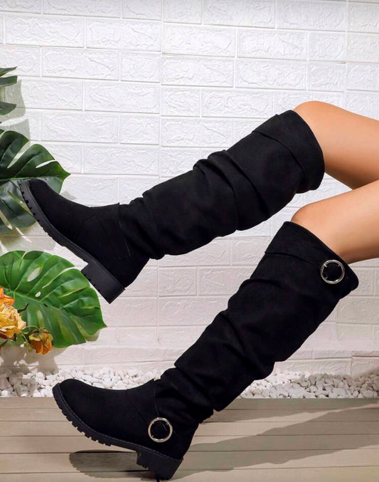 Women's New Arrival Knee High Boots, Fashion Solid Colors Black Grey Brown Orange Blue Beige Round Toe, Comfortable Thermal Lined Non-Slip Flat Buckle Decor Pleated Casual Tall Boots For Autumn/Winter,Party