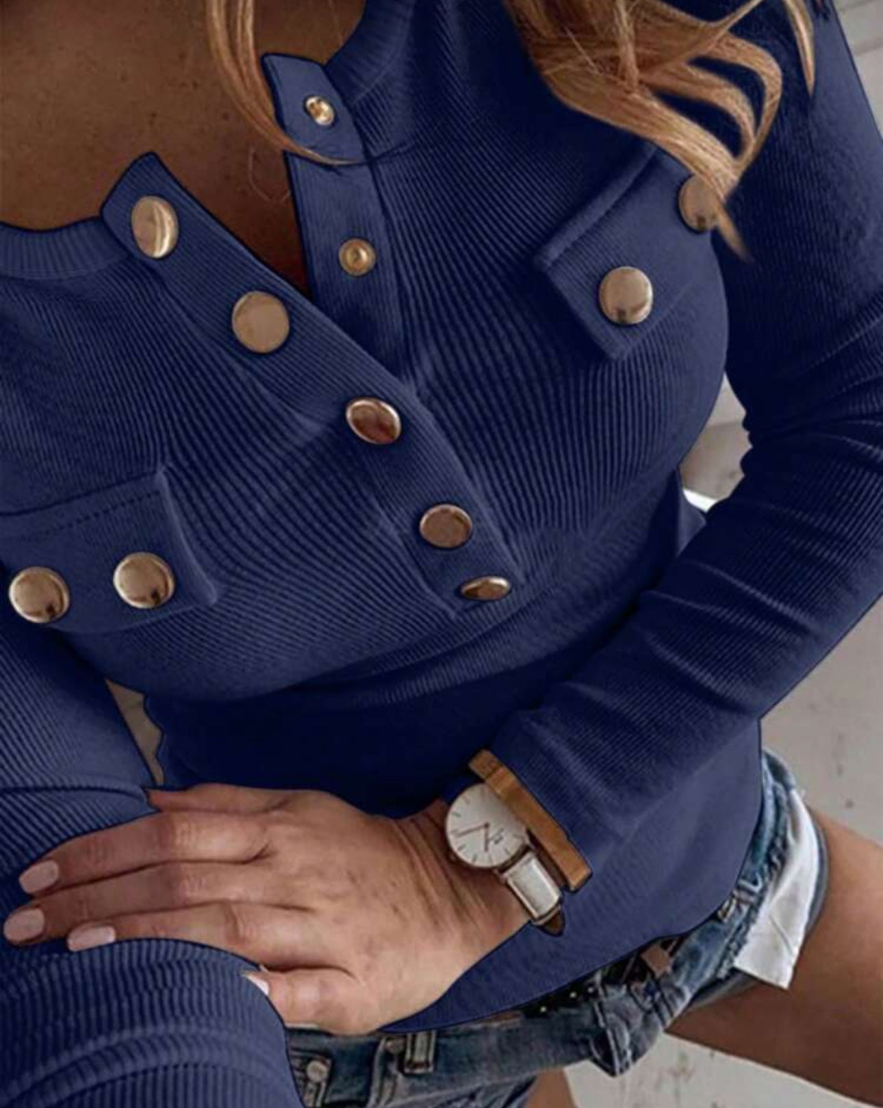 INAWLY Square Neck Half-Zip Front Metal Button Decor Long Sleeve T-Shirt, Slim Fit Casual Fall Cloth For Women