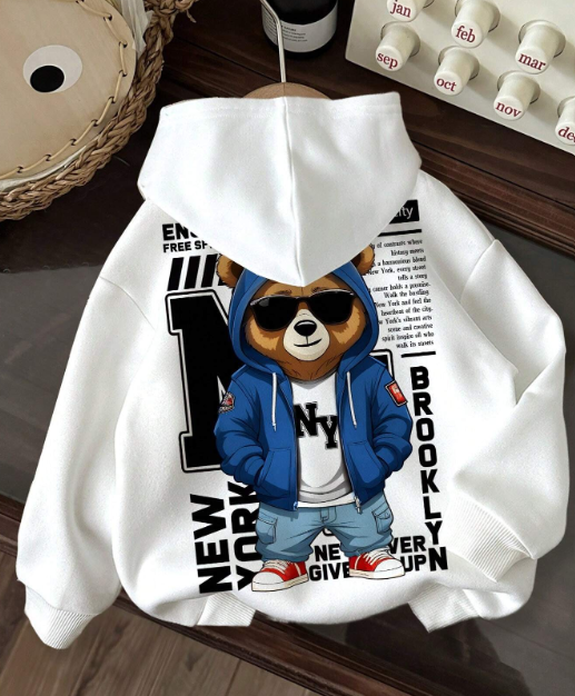 SHEIN Preteen Boy's NY Cartoon Print Casual Loose Fit Thick Hoodie Fall Winter Back Pockets