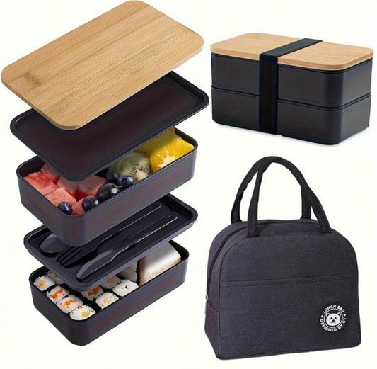 2pcs/Set Portable Leak-Proof Lunch Box With Cover & Insulated Bag, Large Simple Food Storage Bag Suitable For Back To School, College, Office, Camping, Picnic, Learning Supplies, Kitchen Organization & Accessories,Back To School