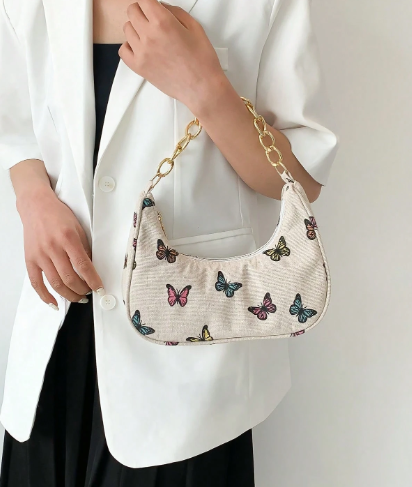 Metal Chain Clutch Bag with Crescent Moon and Butterfly Pattern, Casual Burlap Handbag for Women for Valentine's Day