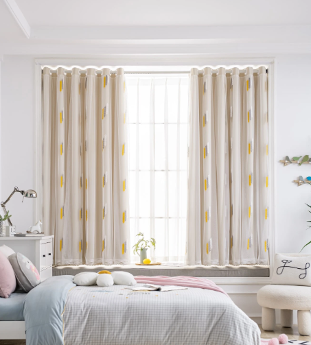 1 Piece Double Layer Elegant Design Wheat Pattern Fabric + Sheer Curtains for Living Room, Light Blocking + , One Lining + One with Embroidery Curtain, Beige