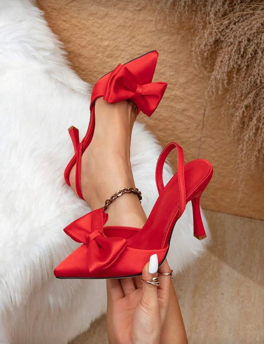 Women's Fashion Party Pointed-Toe Slingback Red Bow High Heel Pumps Valentines, Elegant