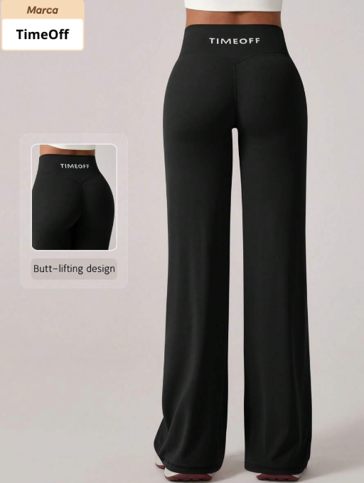 TimeOff Women's 1 Piece Minimalist Elasticated V-Shaped Letter Print Straight Leg Wide Leg Sports Trousers, Black for Spring