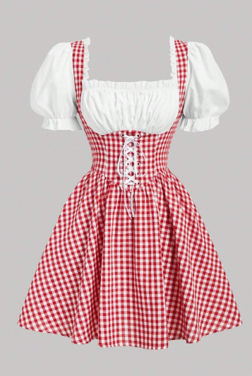 SHEIN MOD Women's Vintage Blue Plaid Dress with Patch Detail