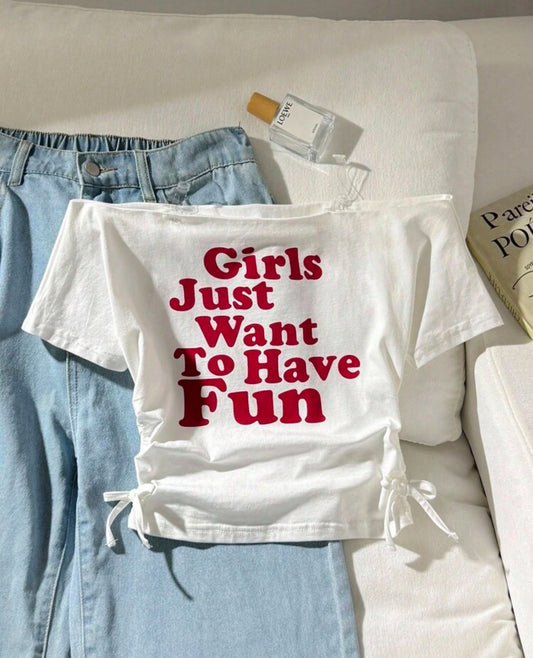 SHEIN Tween Girl White And Red Summer Casual City Break Fitted Off Shoulder Short Sleeve Letter English Slogan Side Ruched 3D Bow Decor Stretchy Knit Top