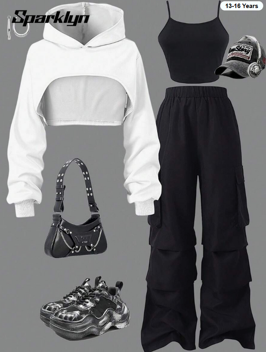 Sparklyn 3 Piece Set: Hoodie + Vest + Elastic Waist Cargo Pants for Teens