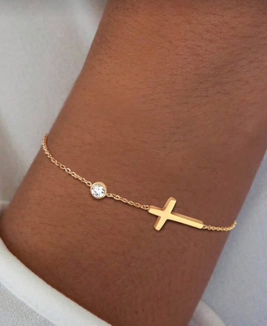 VceTd 1pc 18k Gold-Plated Unique & Fashionable Stainless Steel Cross Bracelet, Suitable For Daily Wear And Gifting, Unisex