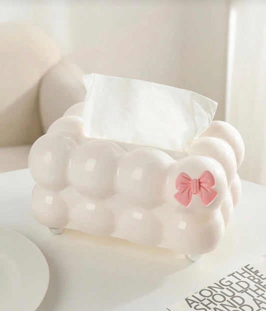 1Pc Plastic Cute Marshmallow Shaped Tissue Box With Cute Bow,4 Ball-Shaped Feet For Easy Cleaning Of The Tabletop,Plastic Storage Box For Home Kitchen Bedroom Living Room Dining Room, Home Decoration Accessories, Ideal Gift For Friends Christmas For Holid