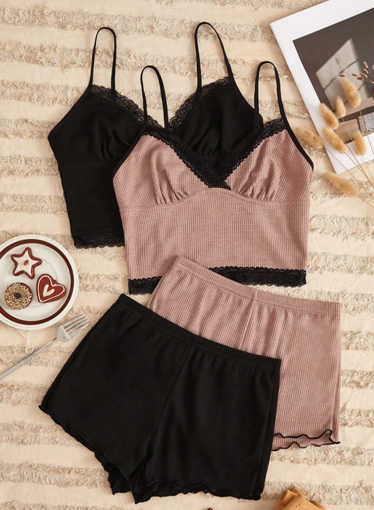 2-piece pajama set with lace appliqué top and 2-piece shorts