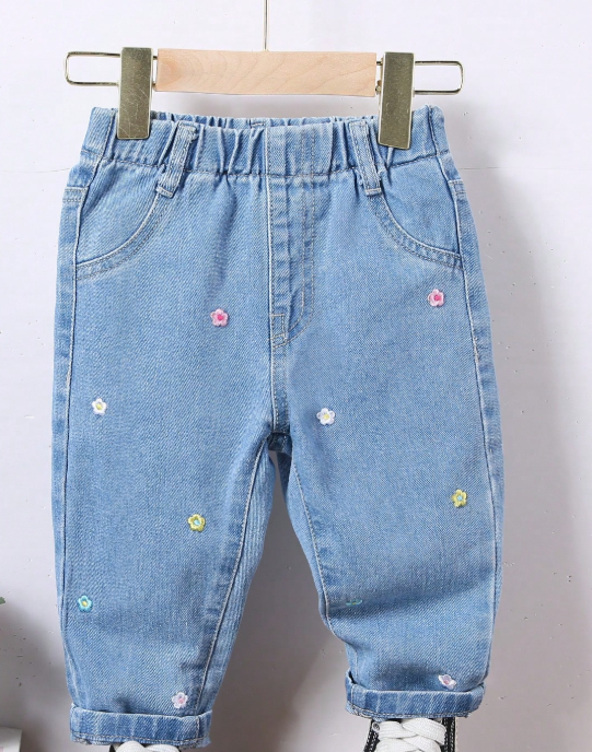 SHEIN Loose Fit Blue Denim Flare Pants with Colorful Floral Embroidery, Cute Casual Style for Baby Girls on Holiday