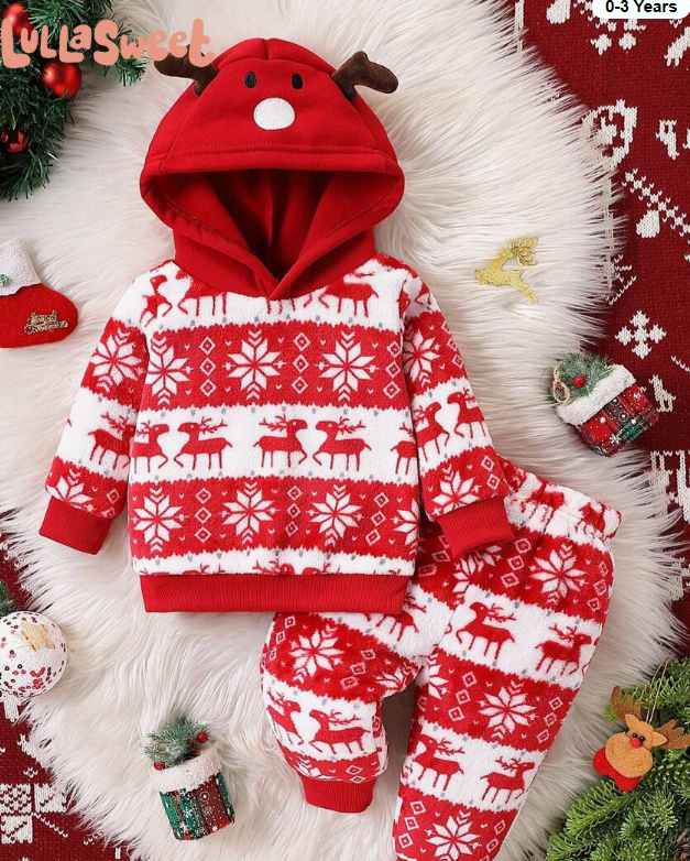 SHEIN 2 Piece Set Fleece Hoodie and Plush Pants with Reindeer and Snowflake Print for Toddler Boys and Girls, Warm and Comfortable for Christmas Party, Family Gathering, Autumn/Winter Photoshoot