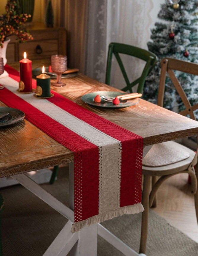 1 Piece/4 Pieces/6 Pieces Christmas Table Runner, Elegant Fringe Rectangular Table Runners for Home and Kitchen Decor, Red and Cream Bohemian Rustic Table Runners, Home Decor, Christmas Decor, Party Supplies
