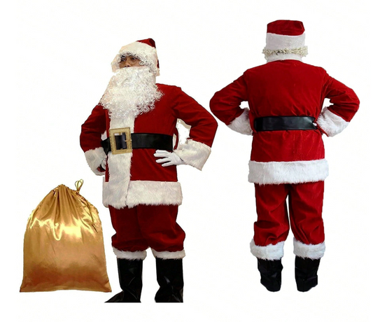 10-Piece Deluxe Adult Santa Claus Costume Set for Men, Includes Jacket, Pants, Hat, Beard, Belt, Shoe Covers, Golden Santa Sack, Wig, Gloves, and Glasses