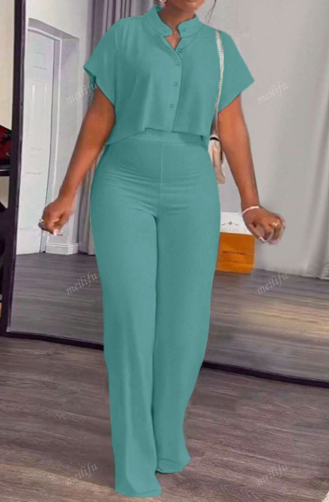 Women's 2-piece set with solid color high-neck short-sleeved blouse and elegant white wide-leg pants in summer