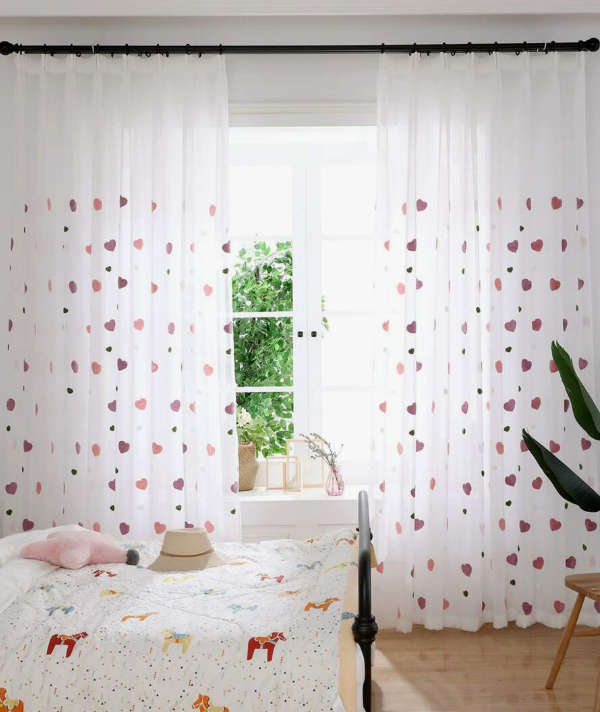 1 Piece Heart Embroidered Creative Sheer Polyester Privacy Curtain Panel Light Filtering for Living Room Bedroom