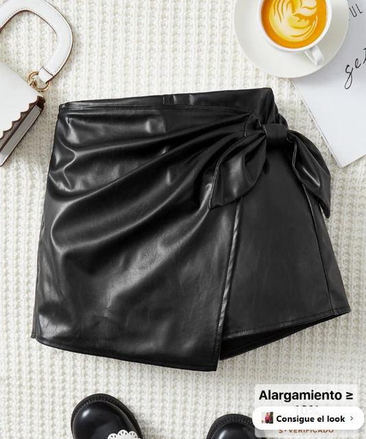 SHEIN Faux Leather Side Knot Casual Mid-Waisted Skort for Preteen Girls
