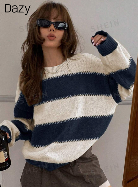 DAZY Women's Striped Long Sleeve Crew Neck Loose Fit Sweater, Long Sleeve Blouses, Autumn Women's Sweater