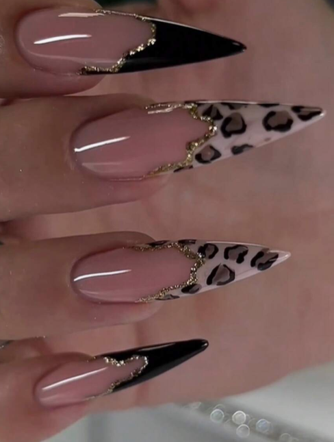 24 Pieces French Leopard Print Nail Stickers, Black French Press-On Nails, Autumn Nails, Pointed Nails, Long Press-On Nails, Nude Nails, Nail Art Supplies