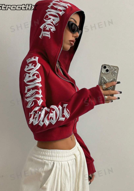 StreetHx Women's Gothic Text Short Zip Hoodie, Urban Style Autumn/Winter New Year's Long Sleeve Tops for Graduation, Back to School, Teachers, Autumn Back to School Sweatshirt