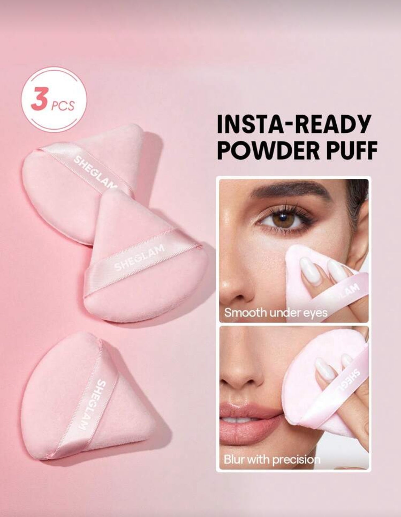 SHEGLAM Insta-Ready Powder Puff 1 Pcs Triangle Shaped Makeup Puff Soft Powder Puff Fan Puff Pink Beauty Makeup Tool