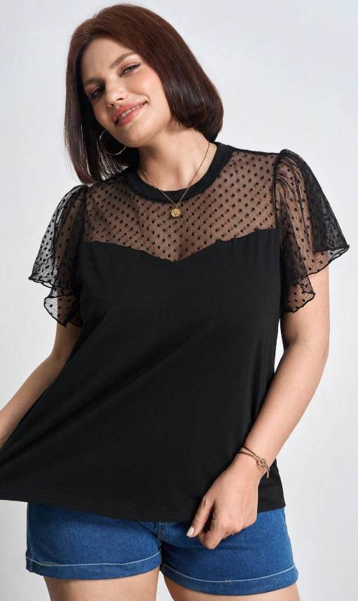 Chikora Women's Plus Size Round Neck Short Sleeve Loose Fit Mesh Contrast Ruffle Blouse Office Ladies Outfits