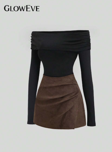 GlowEve 2-Piece Set: Elegant French-style off-the-shoulder top paired with pleated suede shorts, casual chic urban fashion outfit for women, fall/winter