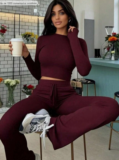 Women's sportswear set with long-sleeved crop top and flared pants with tie waist, for spring/summer