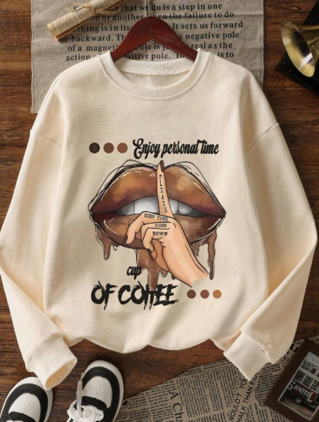 Women's casual sweatshirt with round neck and coffee hand gesture print, fashionable and versatile, suitable for autumn/winter and spring