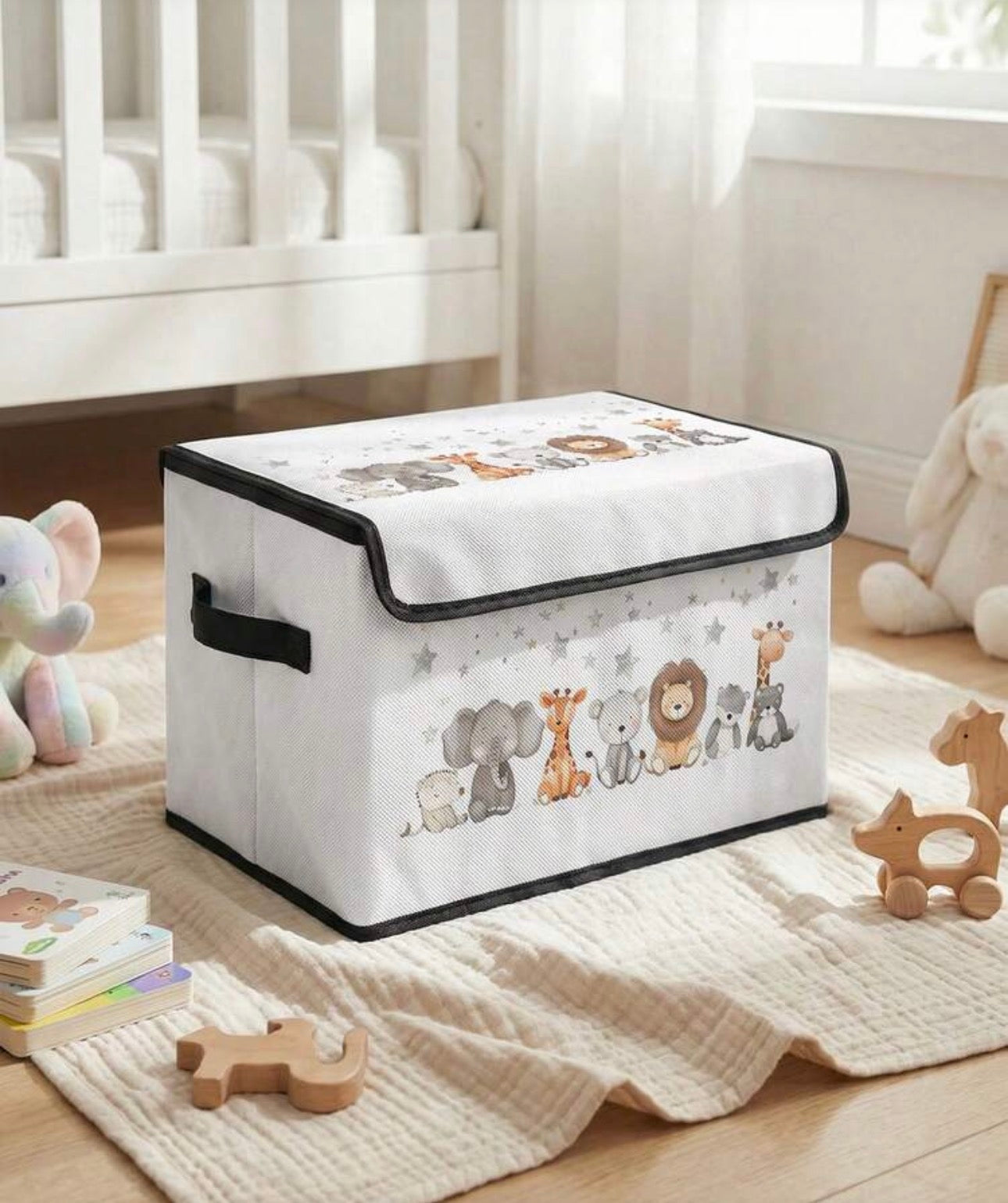 1pc Cute Cartoon Animal Print Foldable Storage Box With Handle, Multipurpose Storage Bin For Nursery, Bedroom, Baby Clothes, Under Bed, Toy Storage