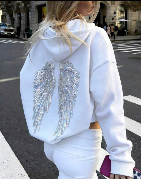 Sequin Embroidered Angel Wings Light Grey Sweatshirt Y2K Cute Women Sweatshirt, Casual Dropped Shoulder Long Sleeve Sweatshirt For Women White