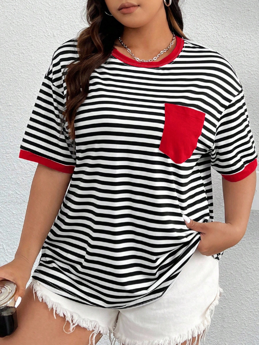 SHEIN EZwear Valentine's Day Women's Plus Size Striped Activewear T-Shirt with Pocket, Perfect for Summer, Fall, Back to School, Outdoor Activities, Home Leisure, Sports Events