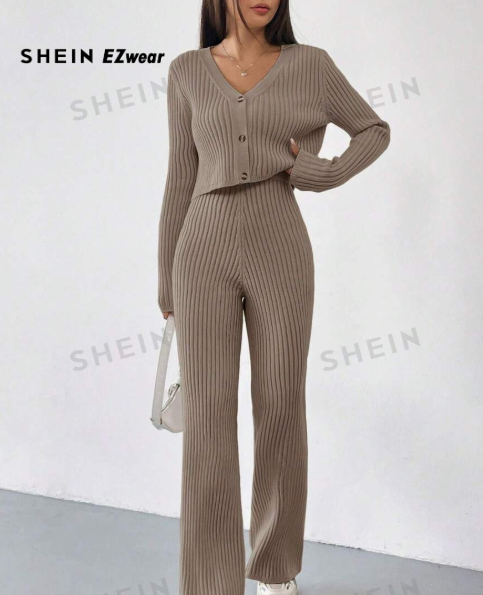 SHEIN EZwear Retro Brown Ribbed Cardigan and Knit Pants Set