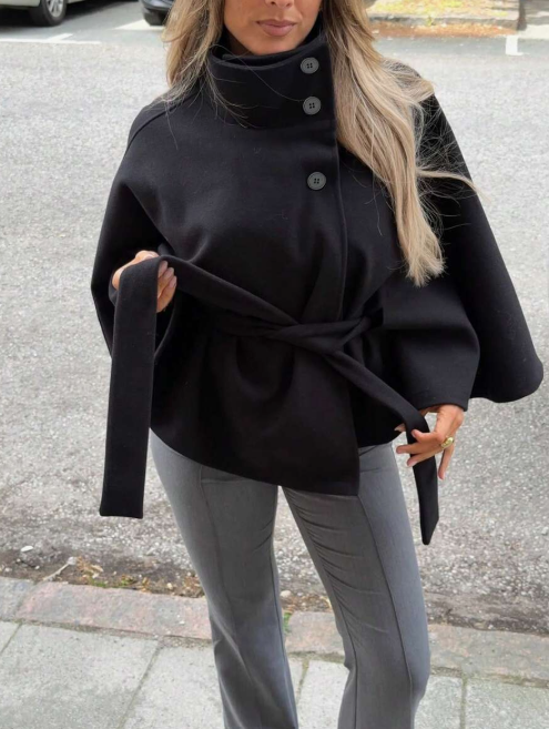 Stylish women's everyday wool cropped jacket in solid colors, featuring a high collar, fitted waist, solid-color belt, front button closure, and black color.