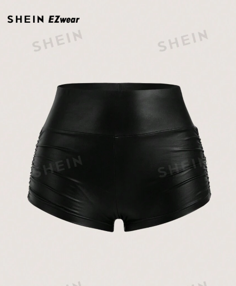 SHEIN EZwear Women's Solid Black Faux Leather Pleated Shorts