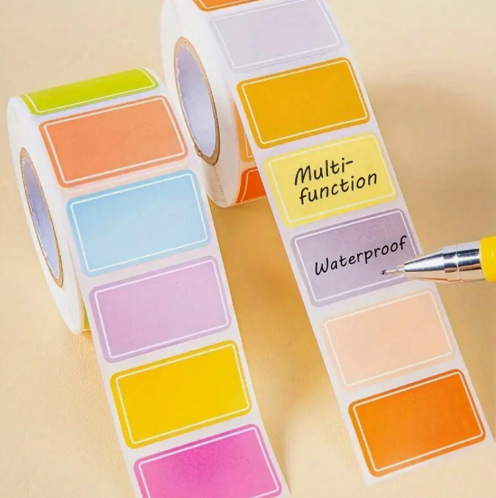 500 roll-up index tabs, color-coded, waterproof, and durable. Use them for organization, labeling, personalized name tags, gifts, parties, and cooking. They feature strong adhesive and vibrant labels.