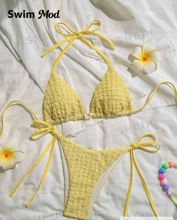 Women's Swim Mod 2 Piece Bikini Set with Yellow Textured Halter Neck Top and Knotted Bottom, Summer Swimsuit
